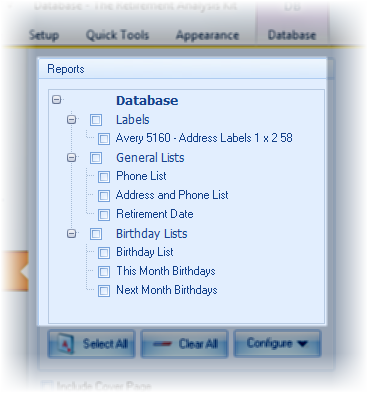 Database printing reports